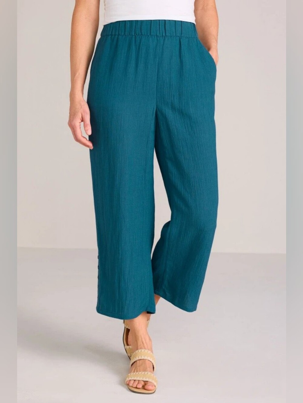 Soft Surroundings Pull-on Wide-Leg Pants Oceo Gauze Crinkled Mallard Blue 3X